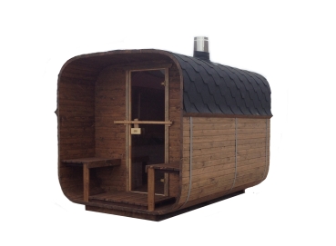 Mit Terrasse: 4-eckige Fass-Sauna 210 x 380 cm (Aufgebaut)